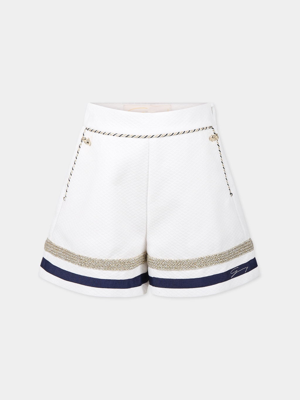Shorts bianchi per bambina con dettagli blu e lurex